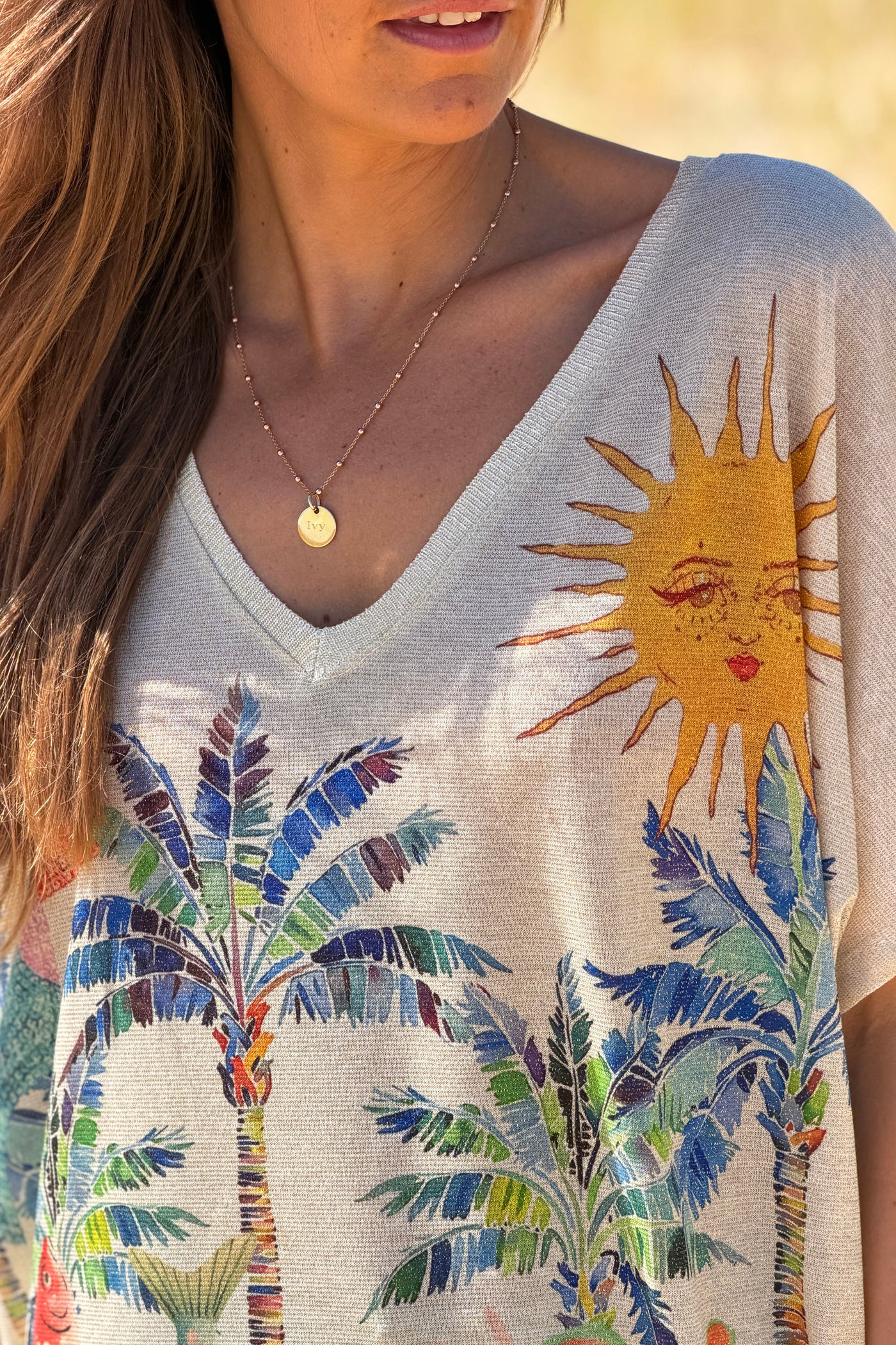 Top brillant lurex imprimé coloré tropical palmier soleil et papaye