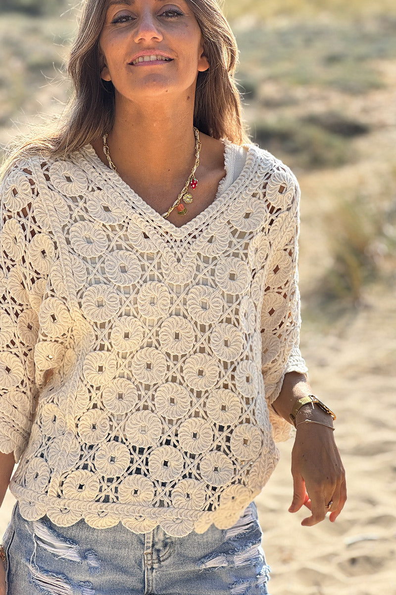 Cream Crochet Medallion V-Neck Dolman Top