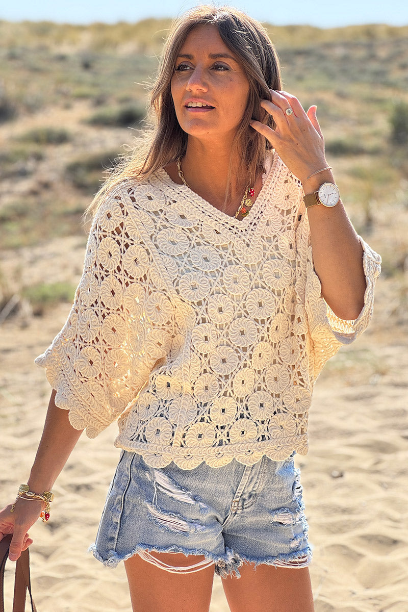 Cream Crochet Medallion V-Neck Dolman Top