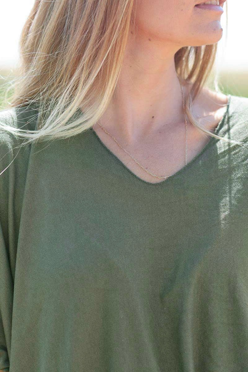 Relaxed Fit Olive V-neck Top