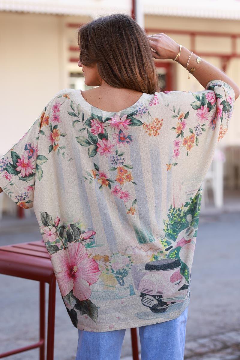 Top large beige brillant imprimé La Dolce Vita et fleurs