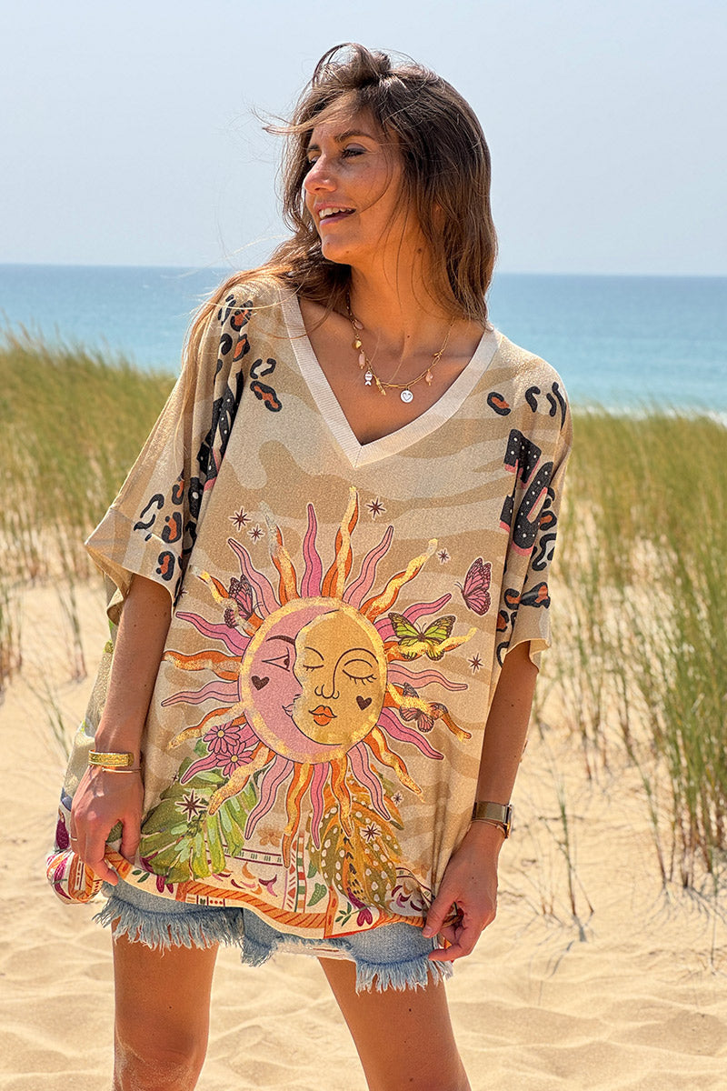 Top large beige brillant imprimé Soleil et léopard