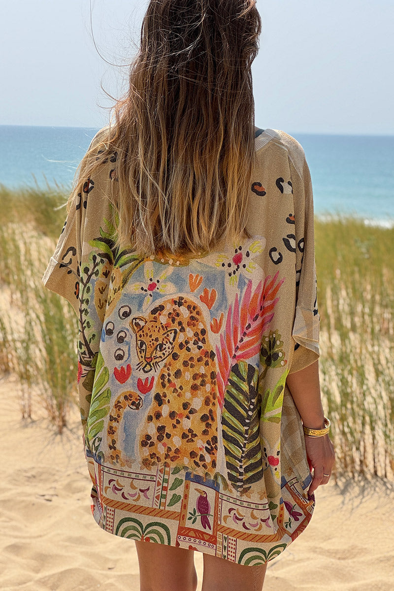 Top large beige brillant imprimé Soleil et léopard