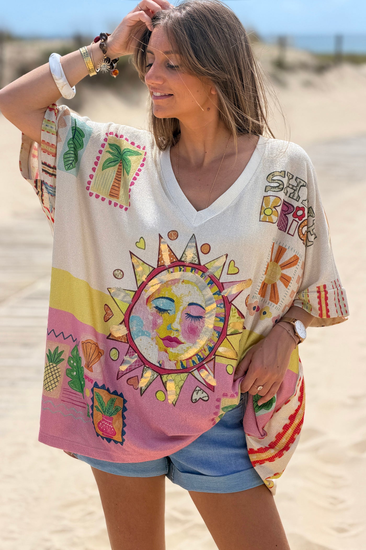 Beige “Shine Bright” Serene Sun Glitter Knit Tunic