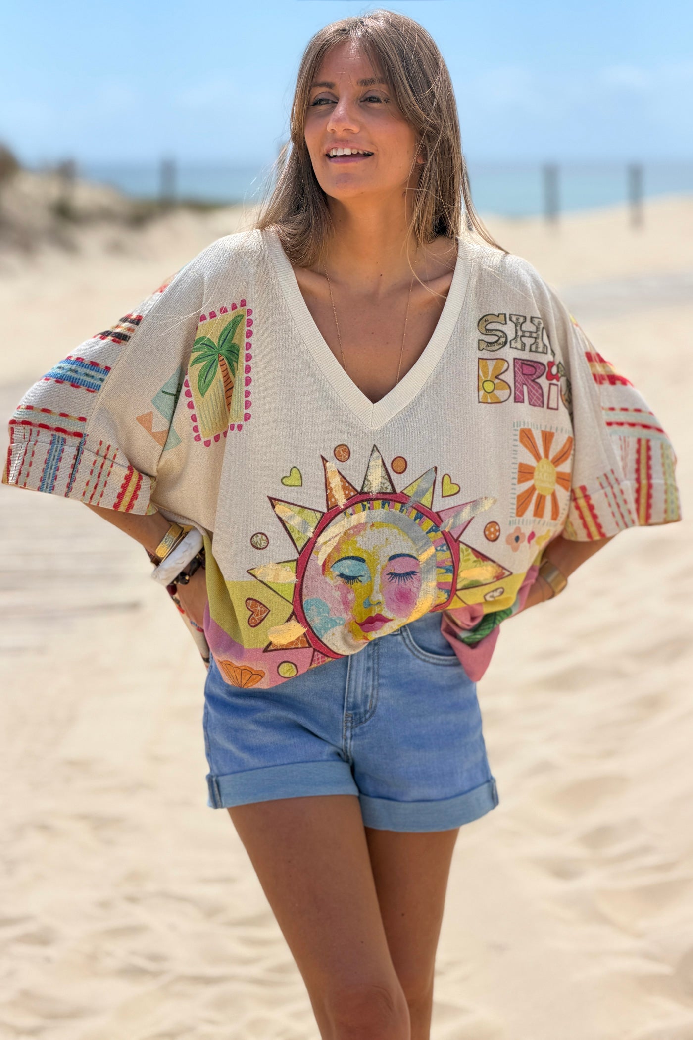 Beige “Shine Bright” Serene Sun Glitter Knit Tunic