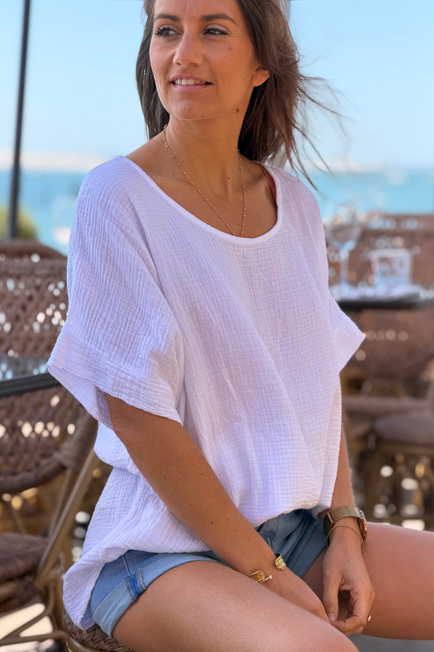 White Crinkle Gauze Blouse