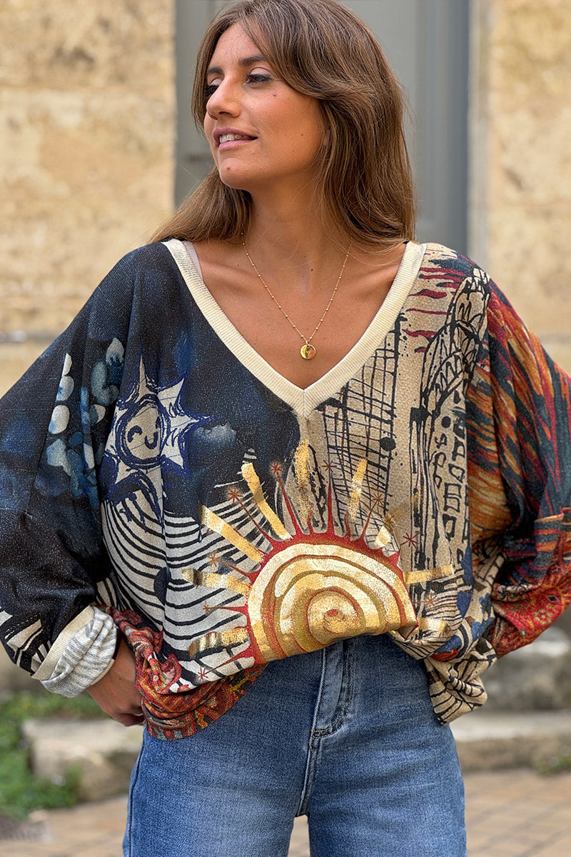 Top large brillant bleu motifs soleil doré et rosaces mandalas orange