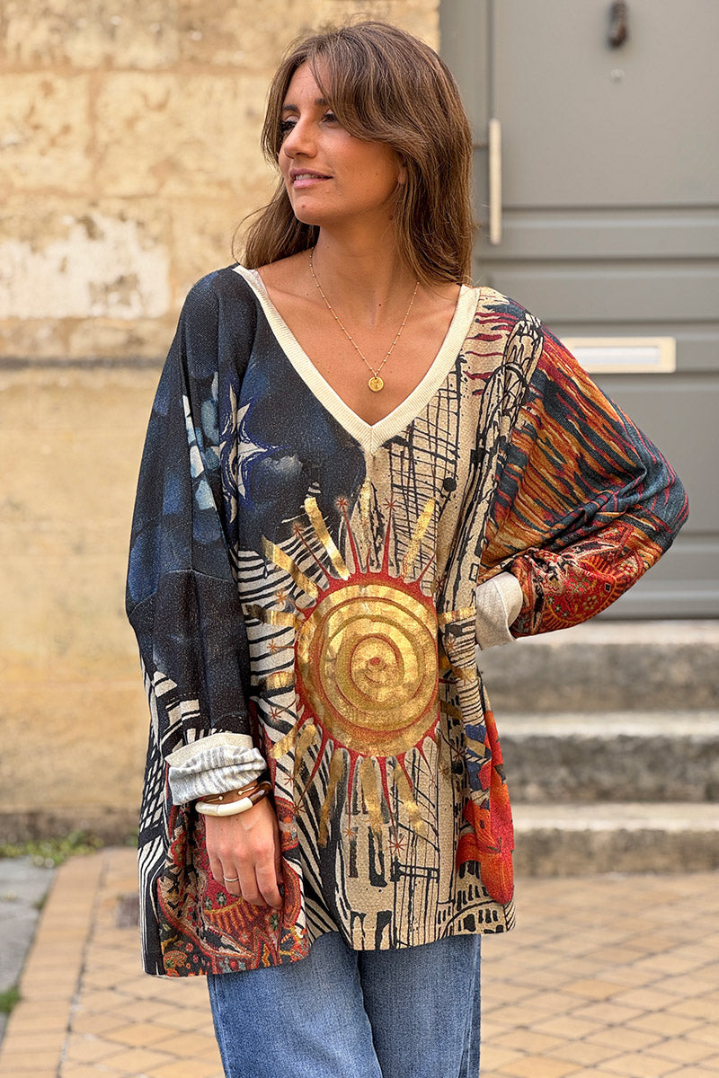 Top large brillant bleu motifs soleil doré et rosaces mandalas orange