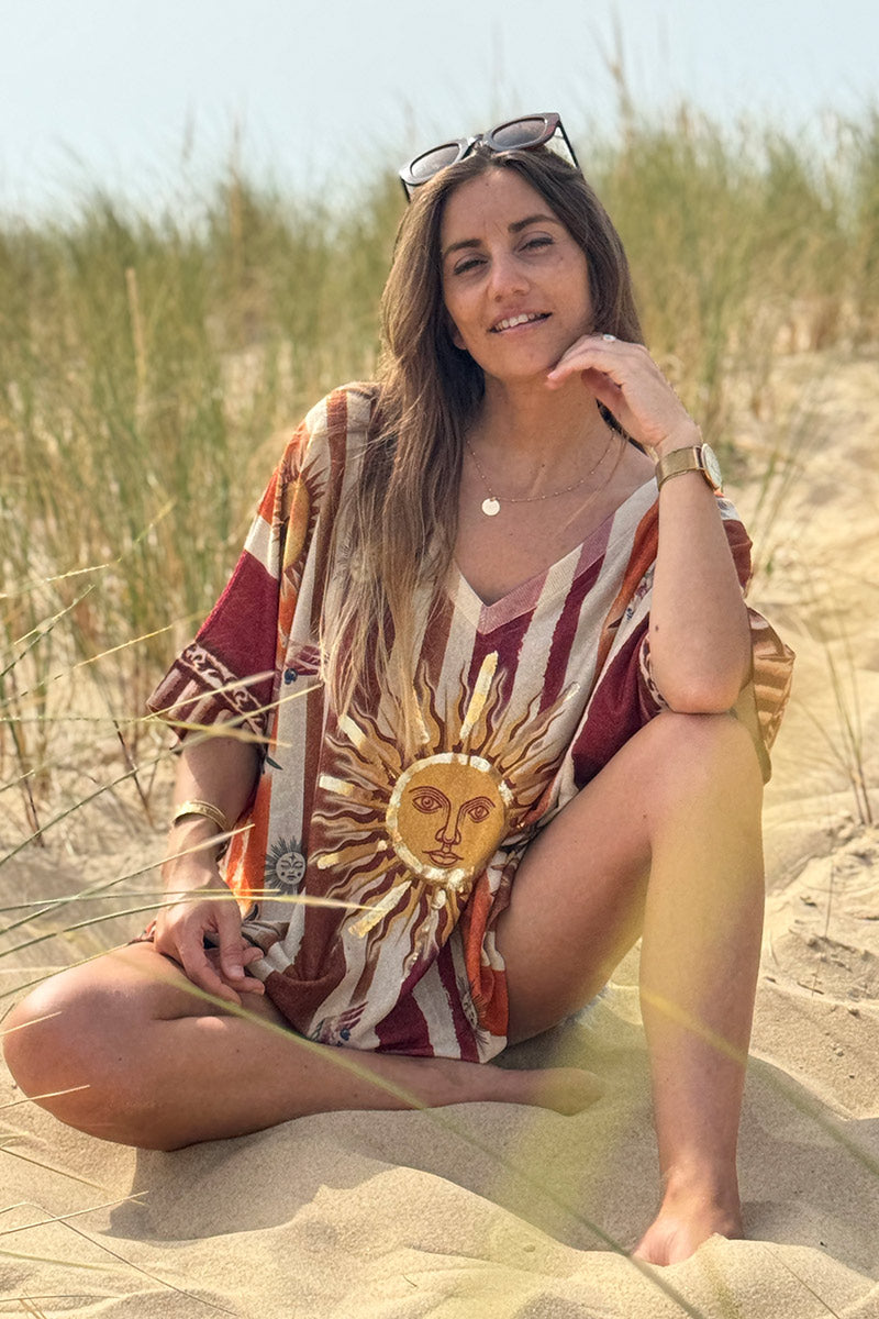 Beige Rising Suns Striped Glitter Knit Top
