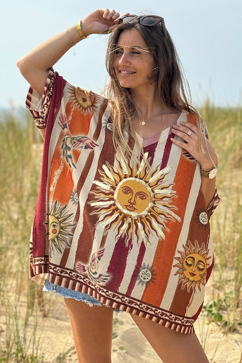 Beige Rising Suns Striped Glitter Knit Top