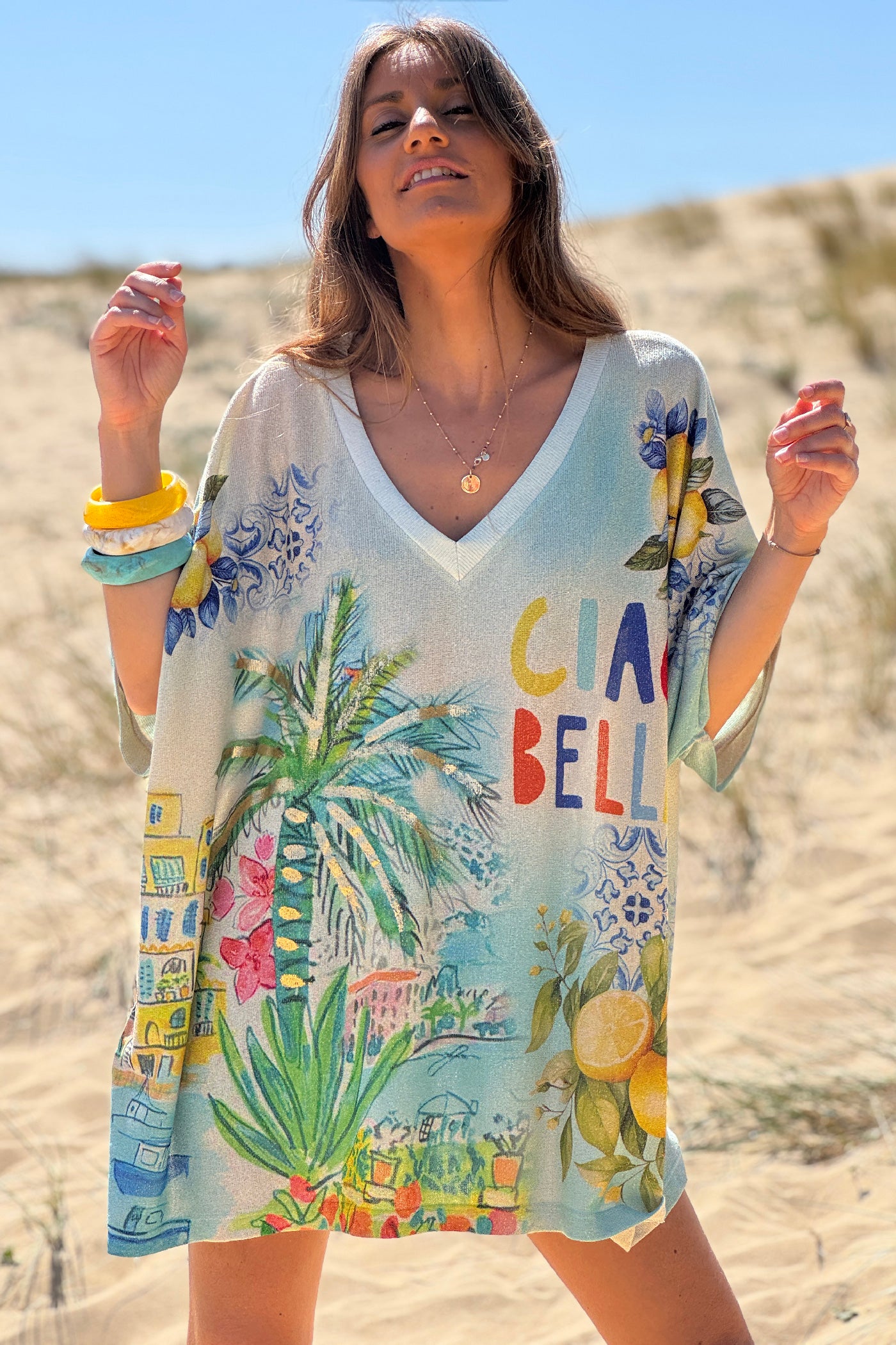 Top large et brillant imprimé bleu Italie citrons Ciao Bella