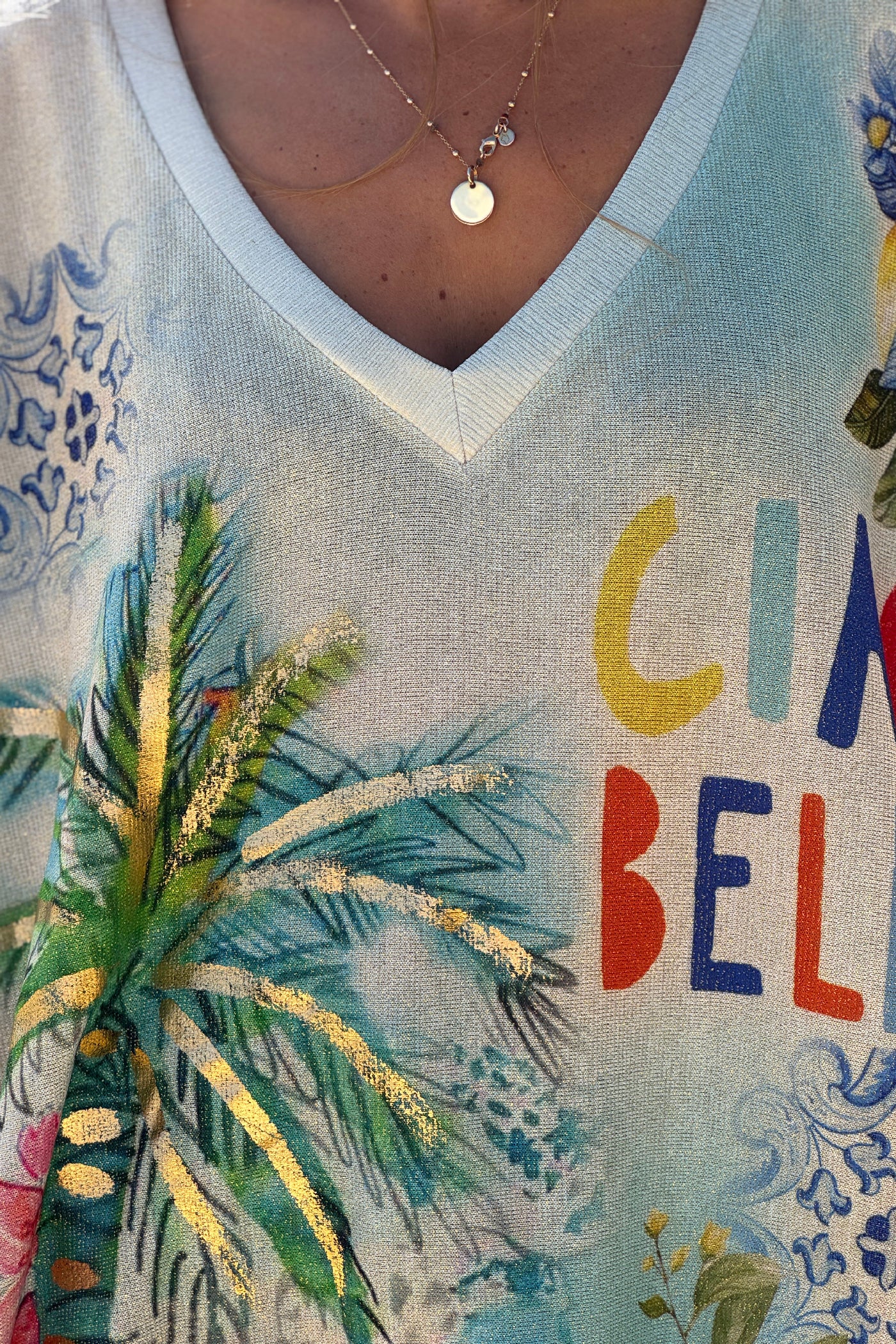 Top large et brillant imprimé bleu Italie citrons Ciao Bella
