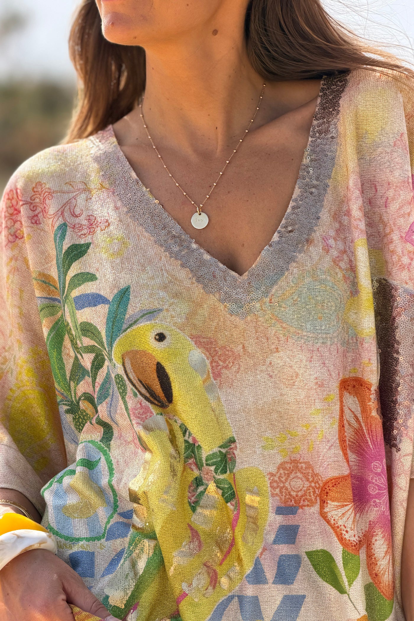 Beige Bird in Paradise Glitter Knit Tunic