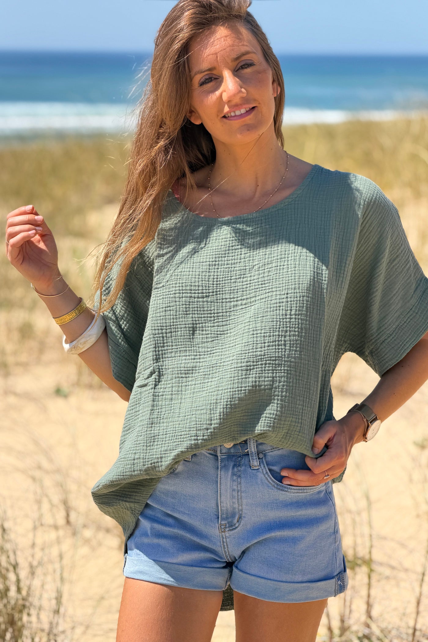 Olive Crinkle Gauze Blouse