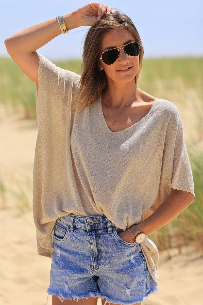 Beige metallic fine knit relaxed fit top