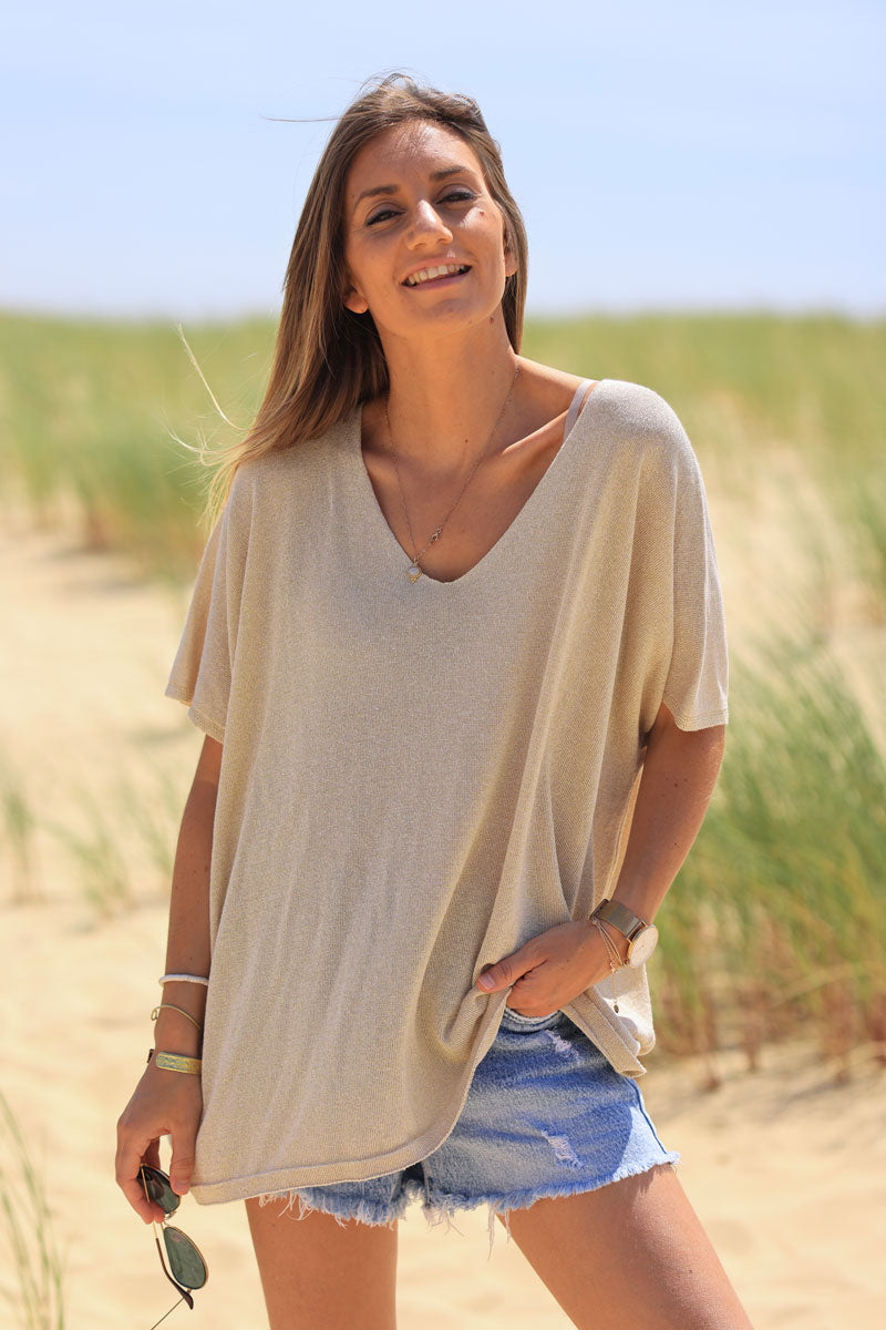 Beige metallic fine knit relaxed fit top