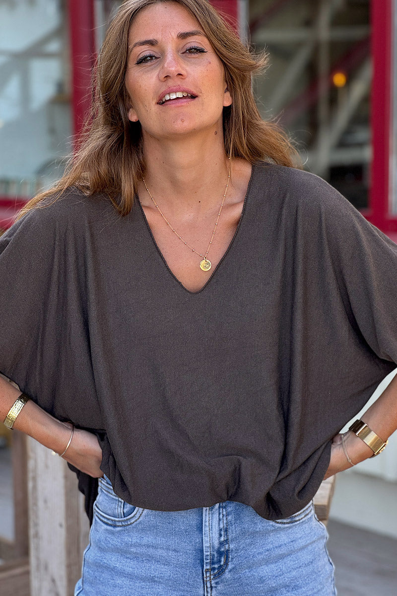 Top marron fluide confort et stretch col V
