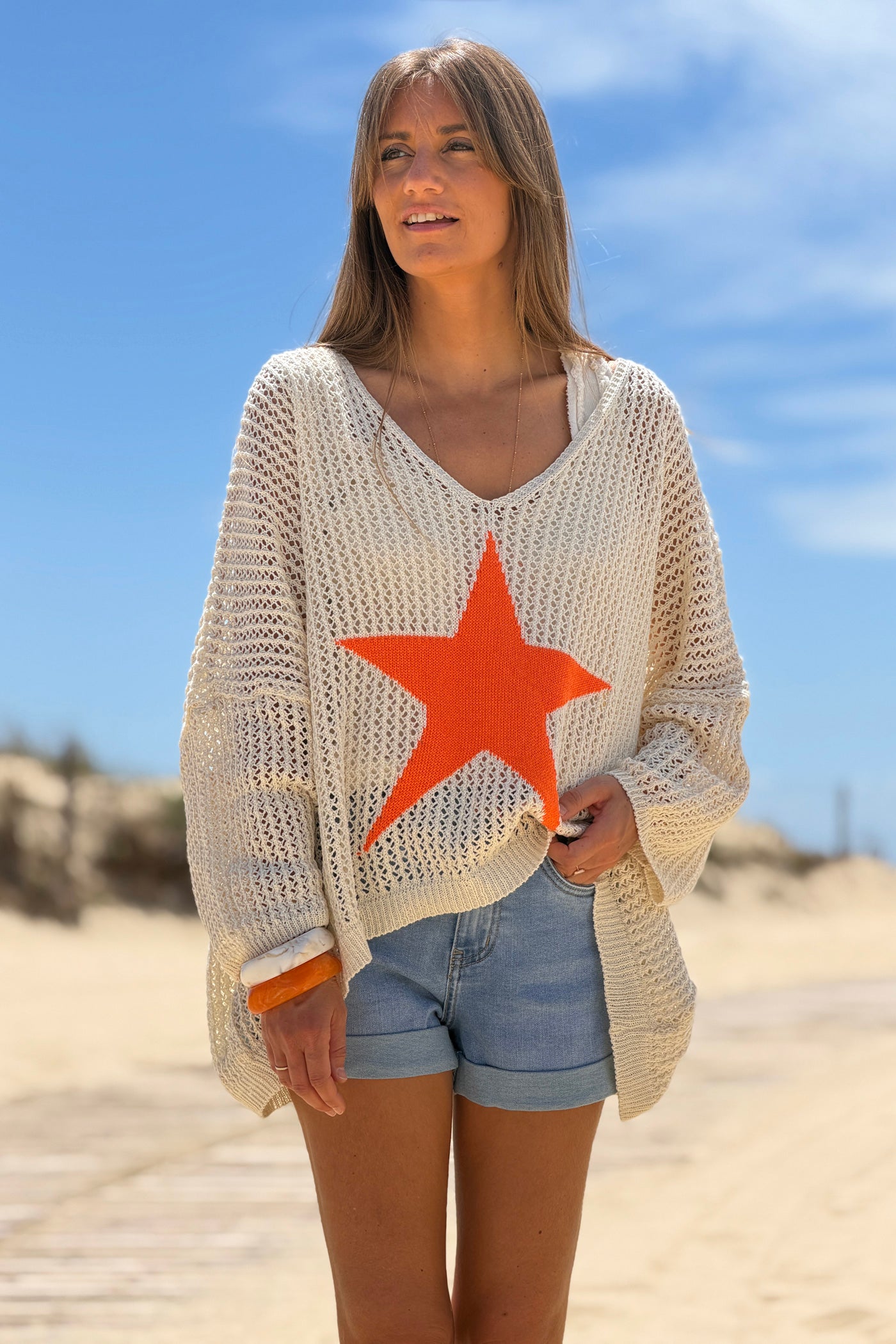 Orange Star Open Knit Poncho Top