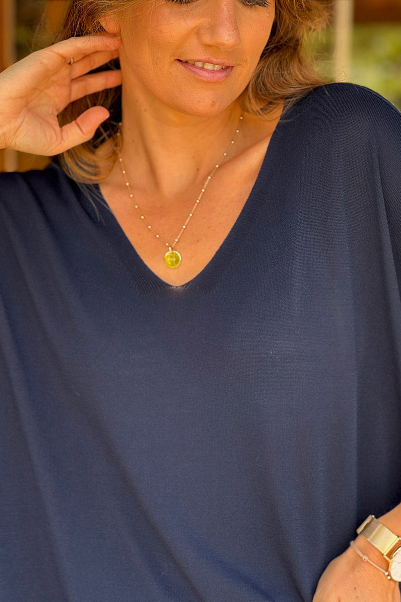 Top azul marino de malla pequeña, elástico y ancho, con mangas cortas