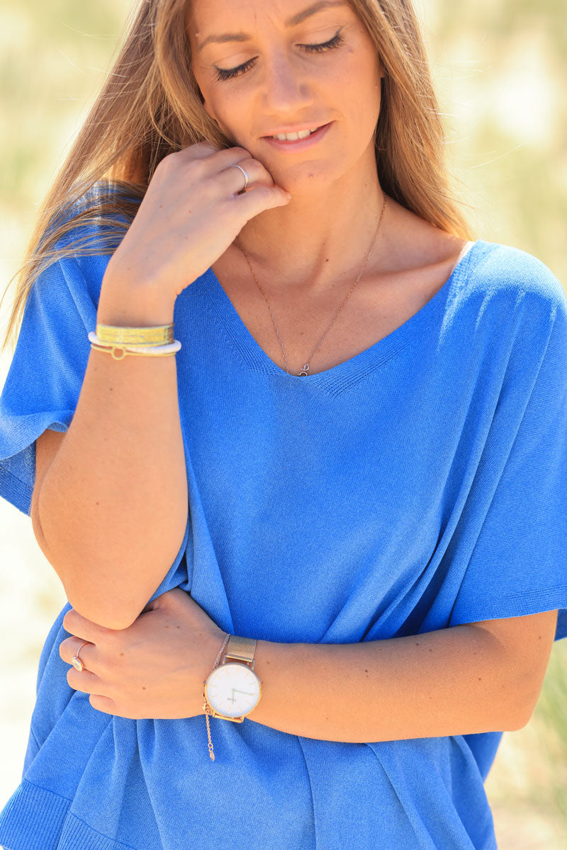 Royal blue oversized fine knit t-shirt with short sleeves