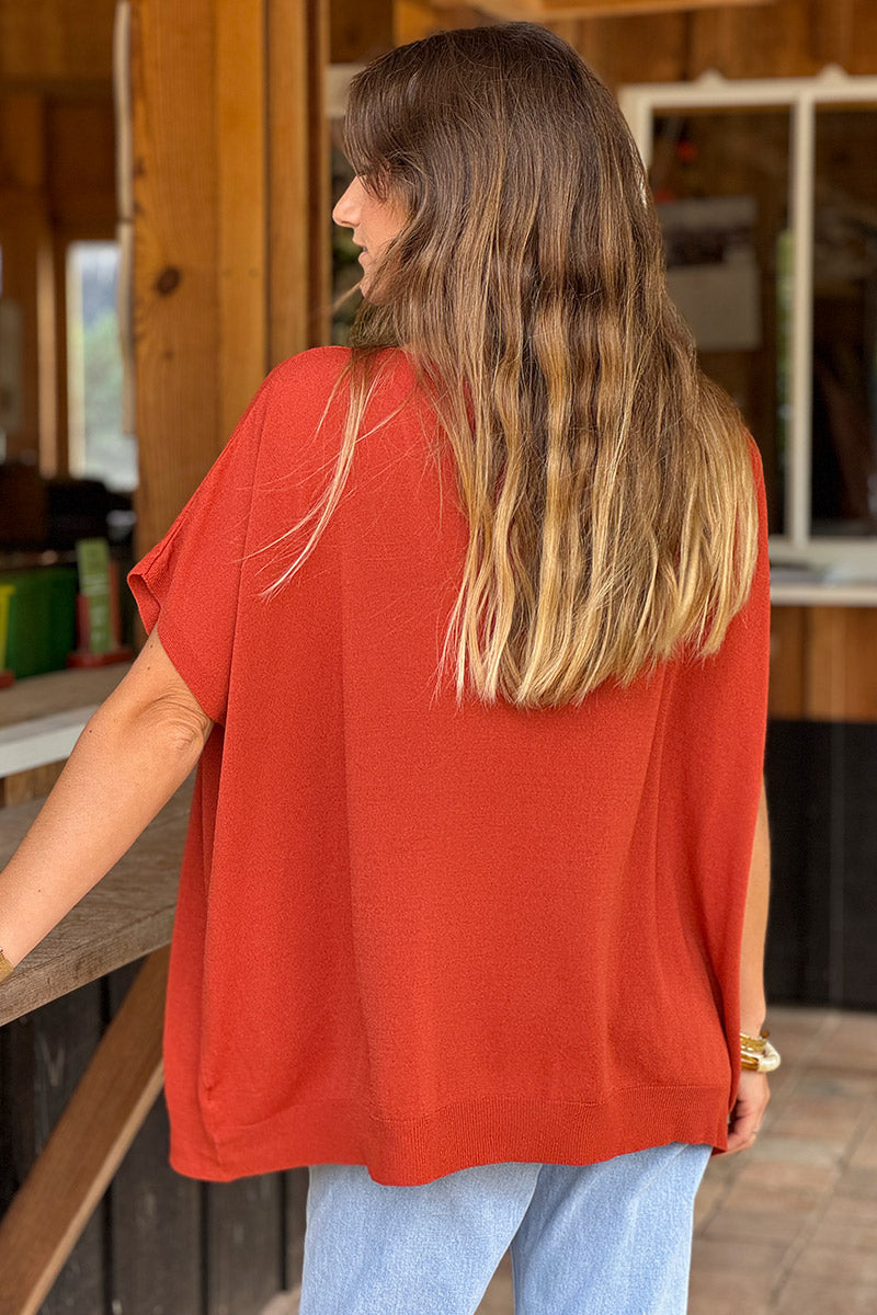 Red Slouchy V-Neck Soft Knit Blouse