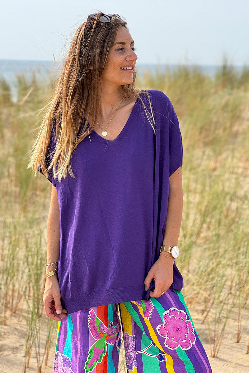 Top stretch et large violet petite maille manches courtes