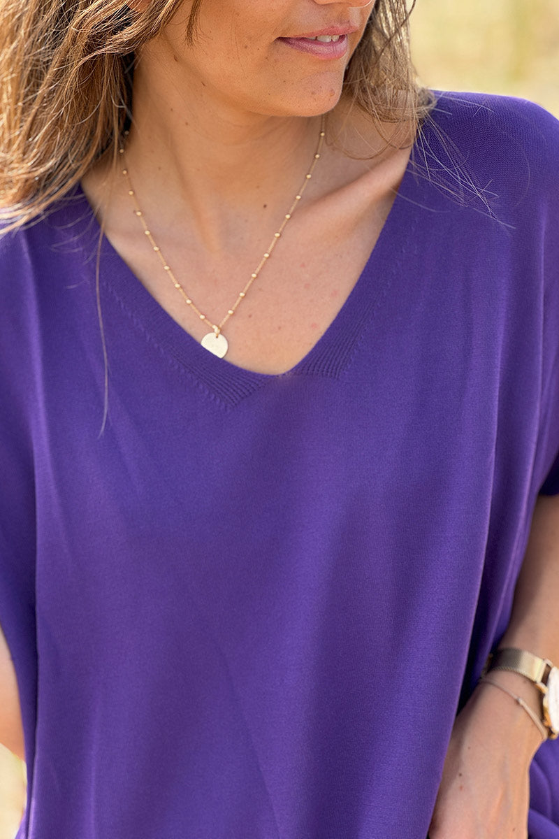 Top stretch et large violet petite maille manches courtes