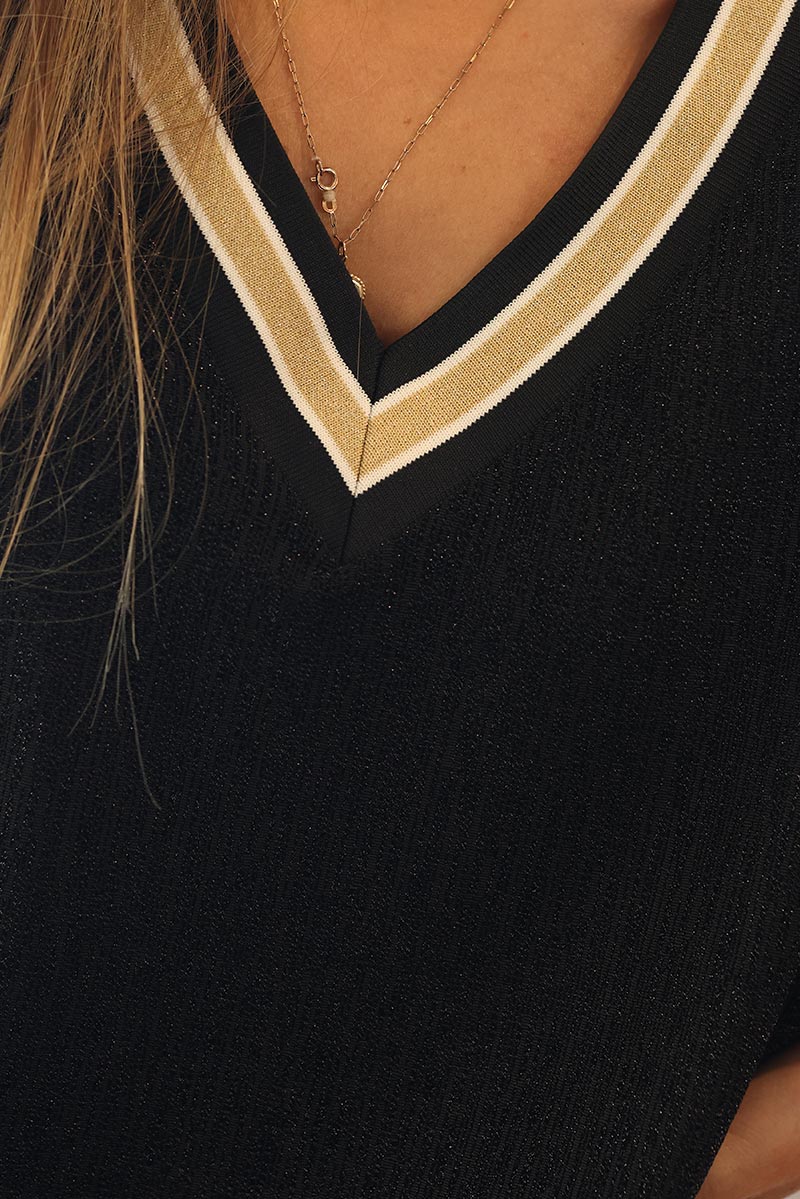 Top stretch et large noir en lurex col v brillant