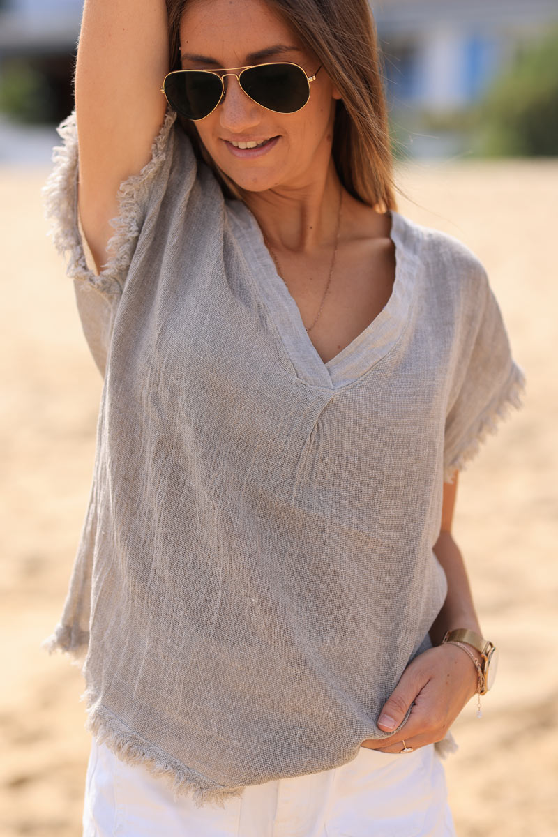Top taupe mi coton mi lin petites franges