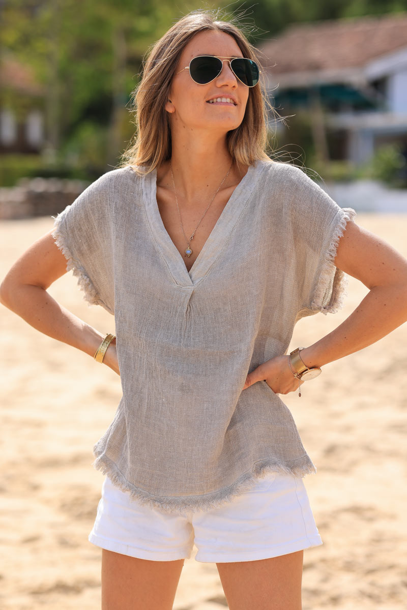 Top taupe mi coton mi lin petites franges
