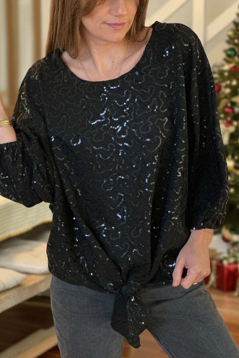 Black Sequin Patterned Tie-Front Blouse