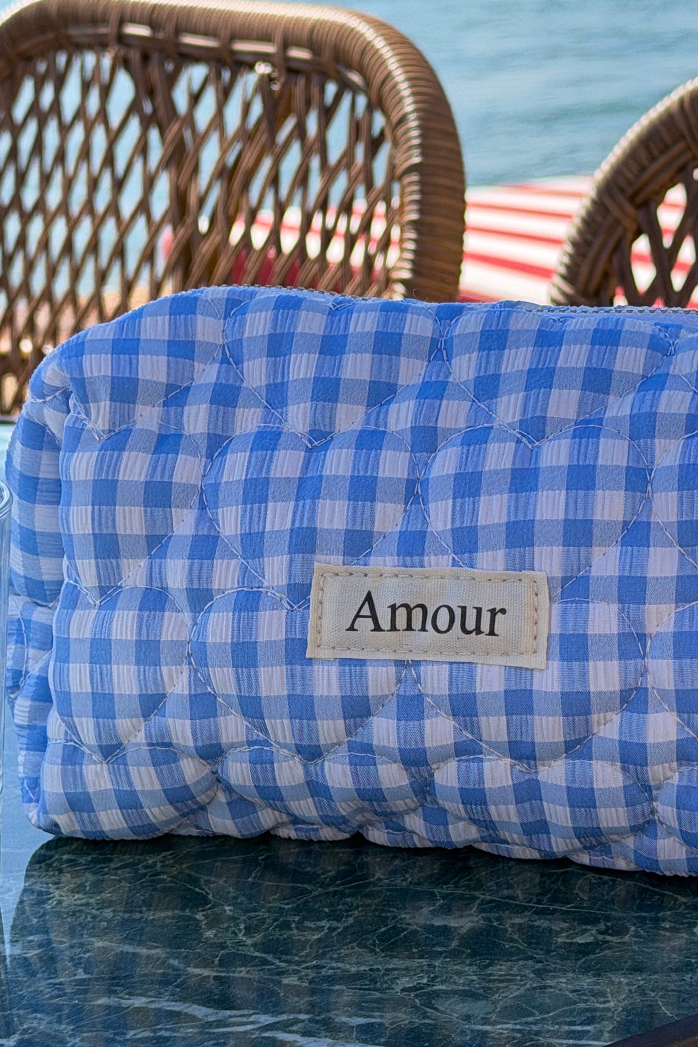 Trousse en gaze de coton a carreaux vichy bleu Amour