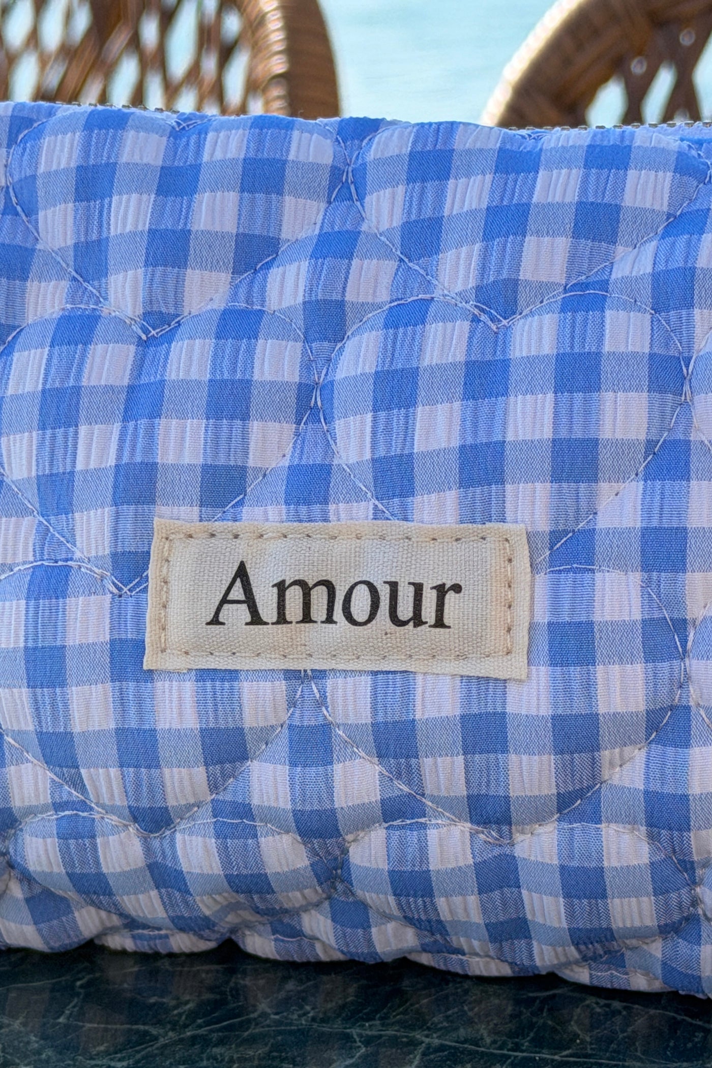Trousse en gaze de coton a carreaux vichy bleu Amour