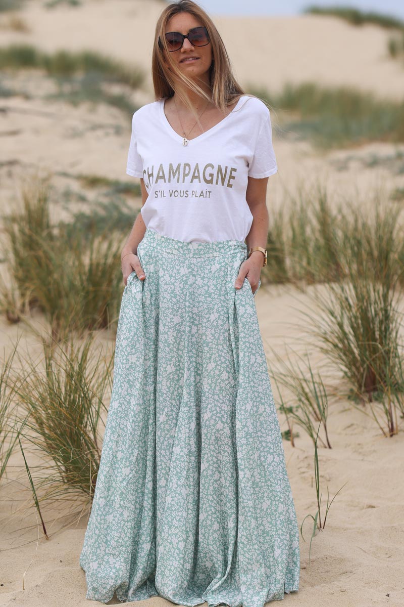 T-shirt blanc col V message champagne s'il vous plait