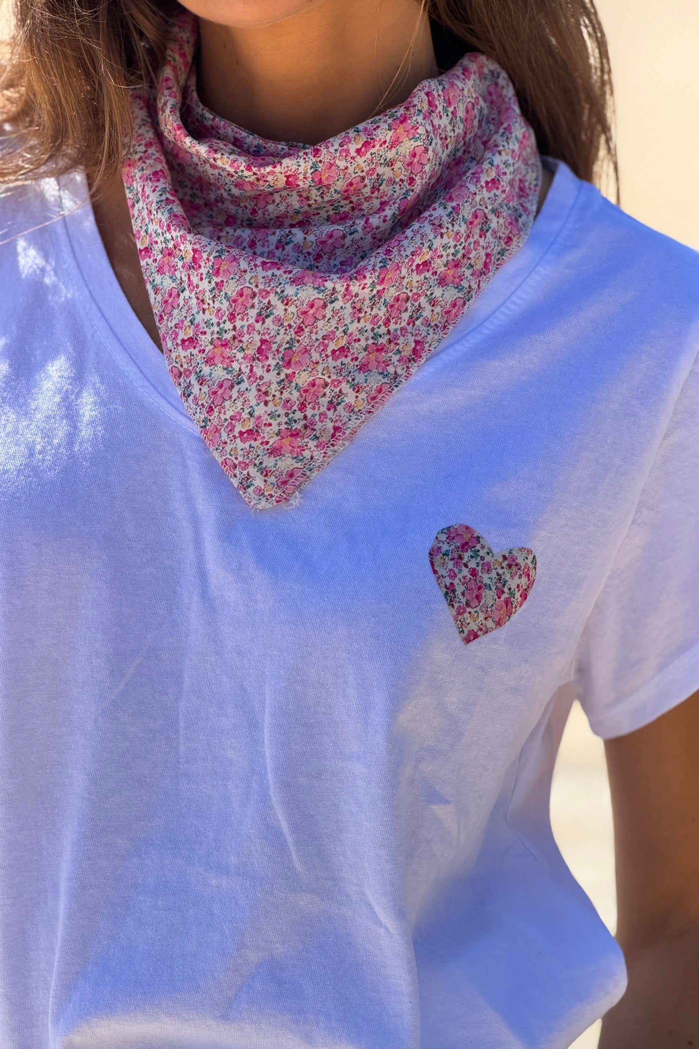 White Calico Heart V-Neck Tee with Scarf