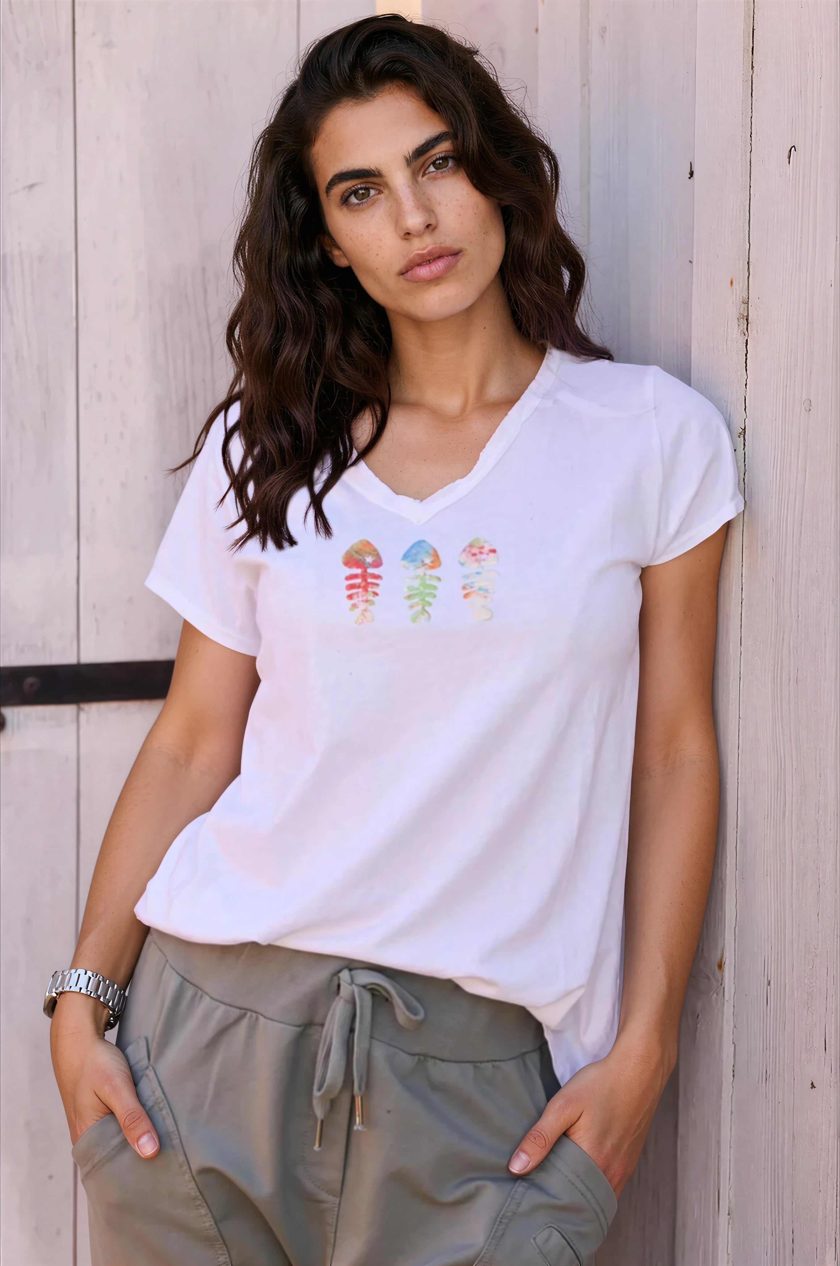 Tshirt blanc en coton col franges trio poissons coloré