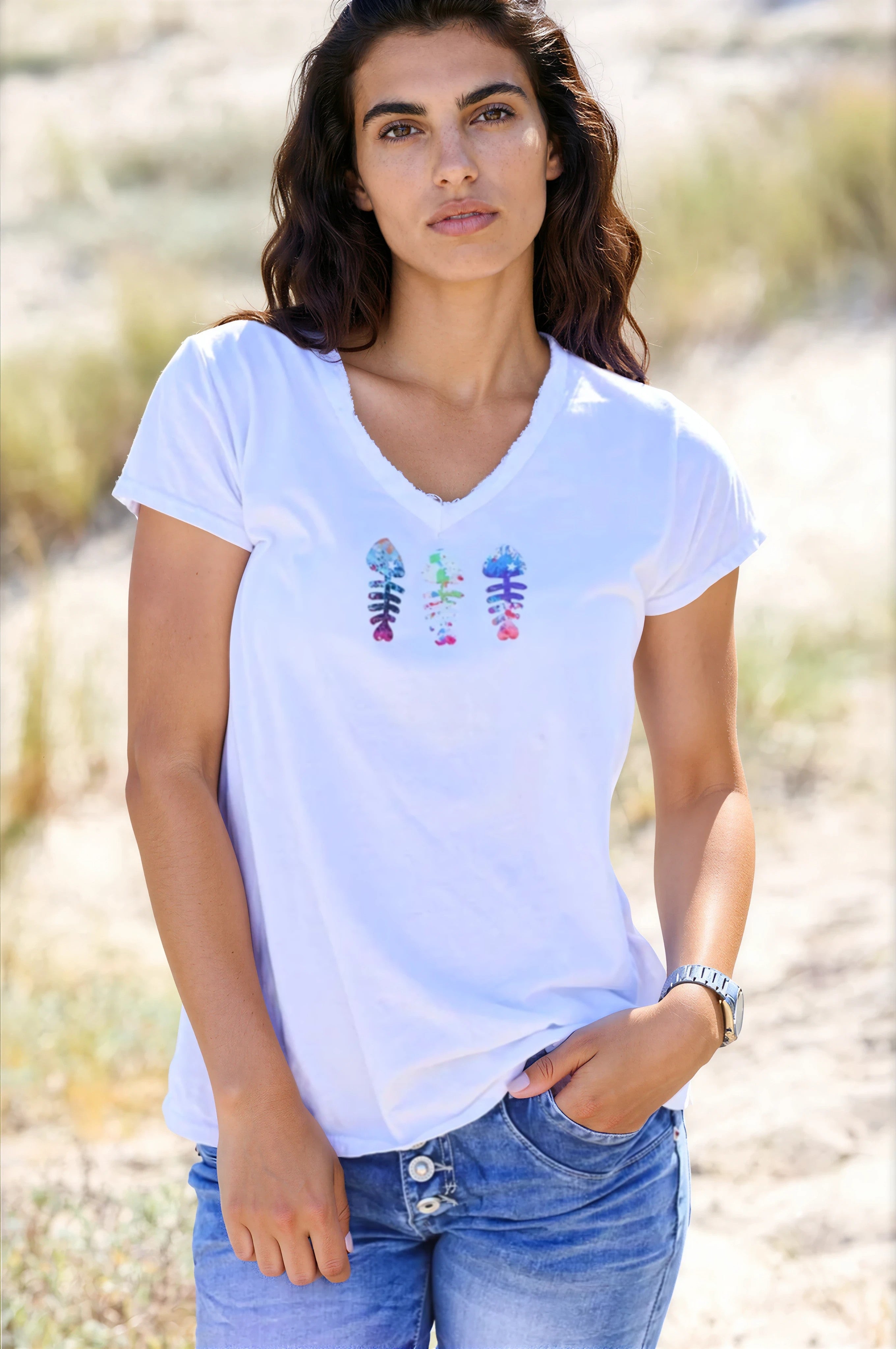 Tshirt blanc en coton col franges trio poissons coloré