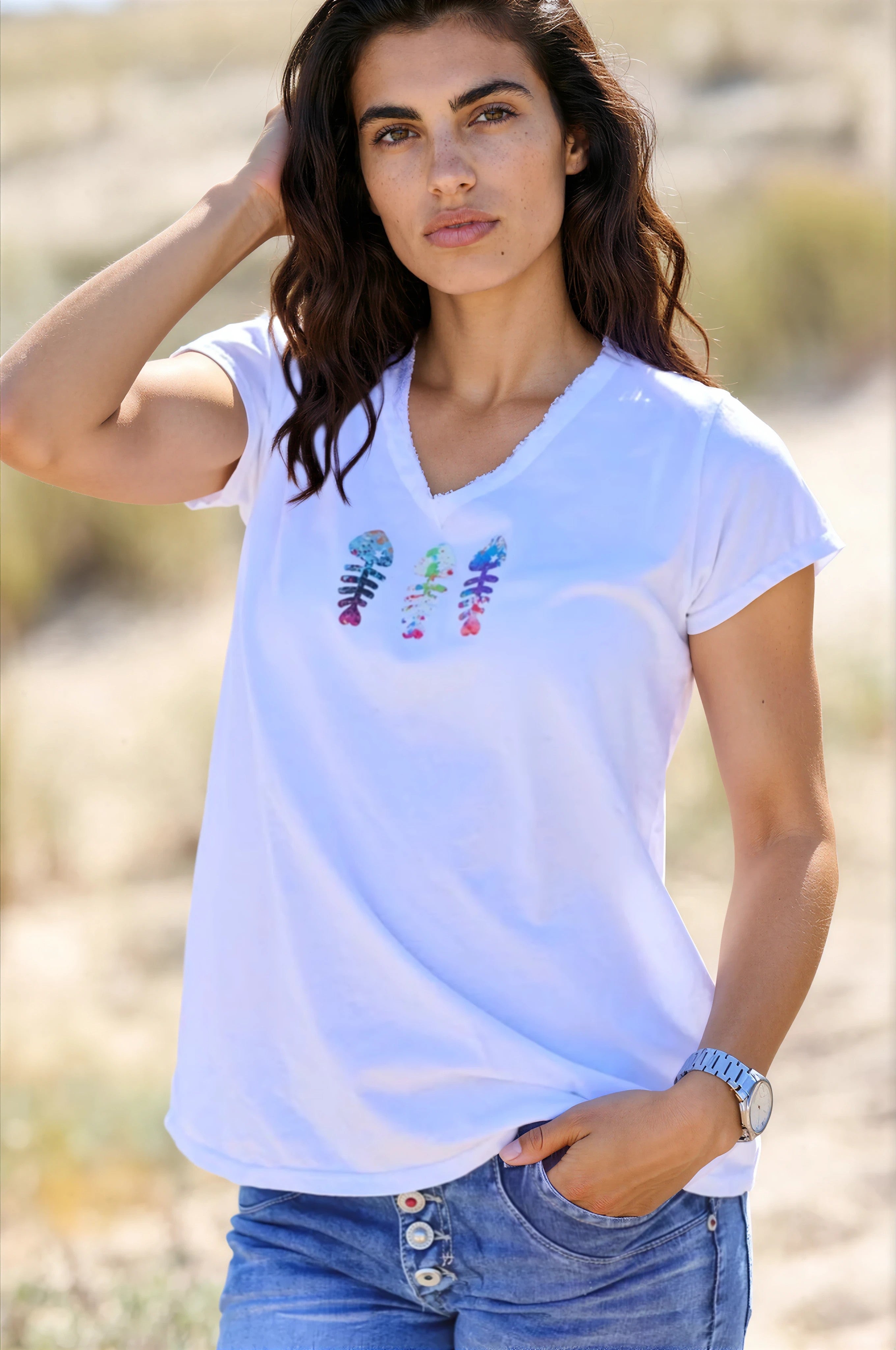 Tshirt blanc en coton col franges trio poissons coloré