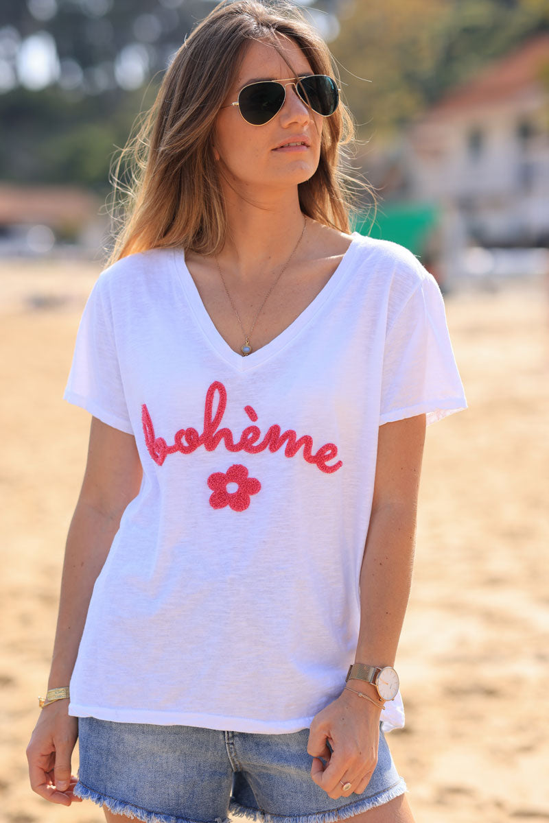 White cotton t-shirt with fuchsia "Boheme" and flowers