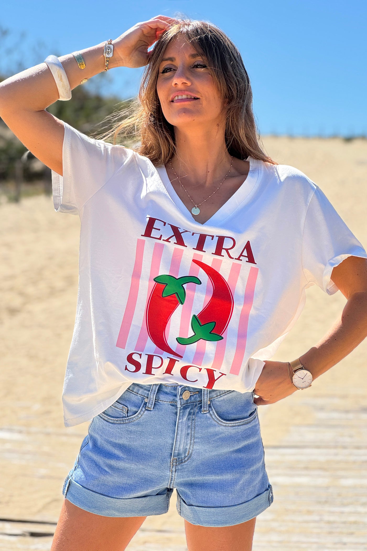 White “Extra Spicy” Pepper Print Tshirt