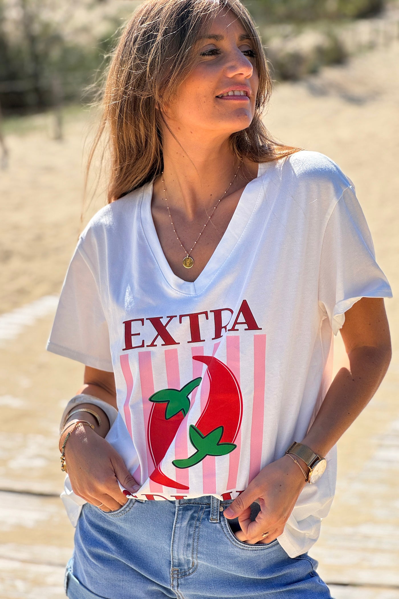 White “Extra Spicy” Pepper Print Tshirt