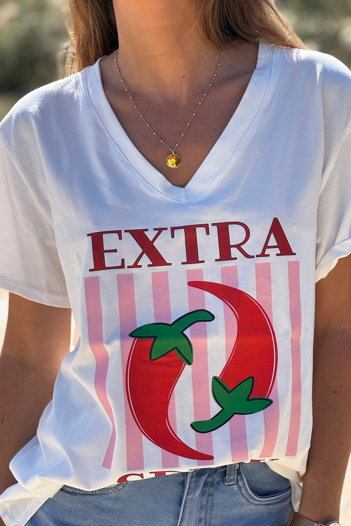 White “Extra Spicy” Pepper Print Tshirt