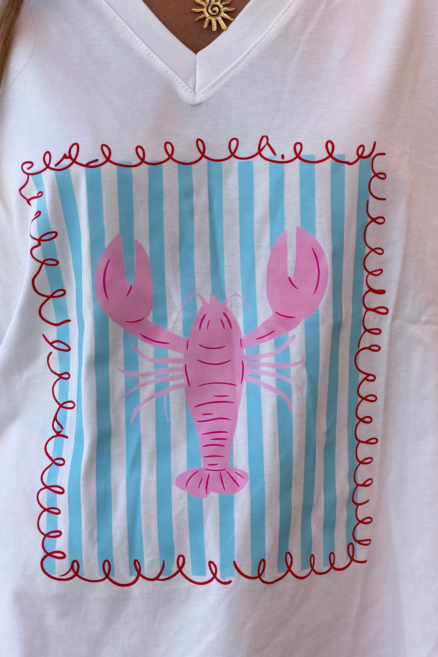 White Whimsical Lobster V-Neck Tee