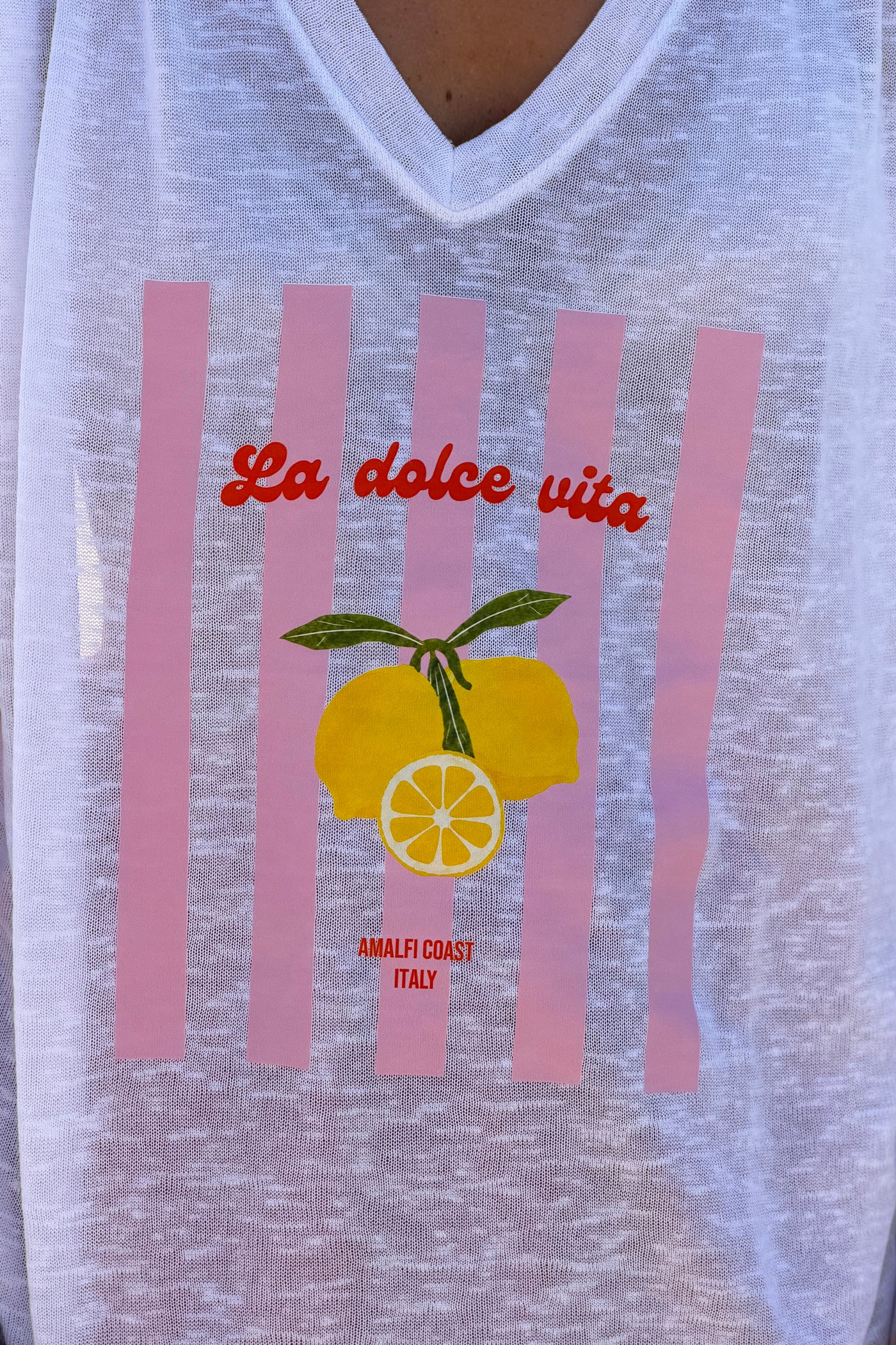 White “La Dolce Vita” Lovely Lemons V-Neck Tee