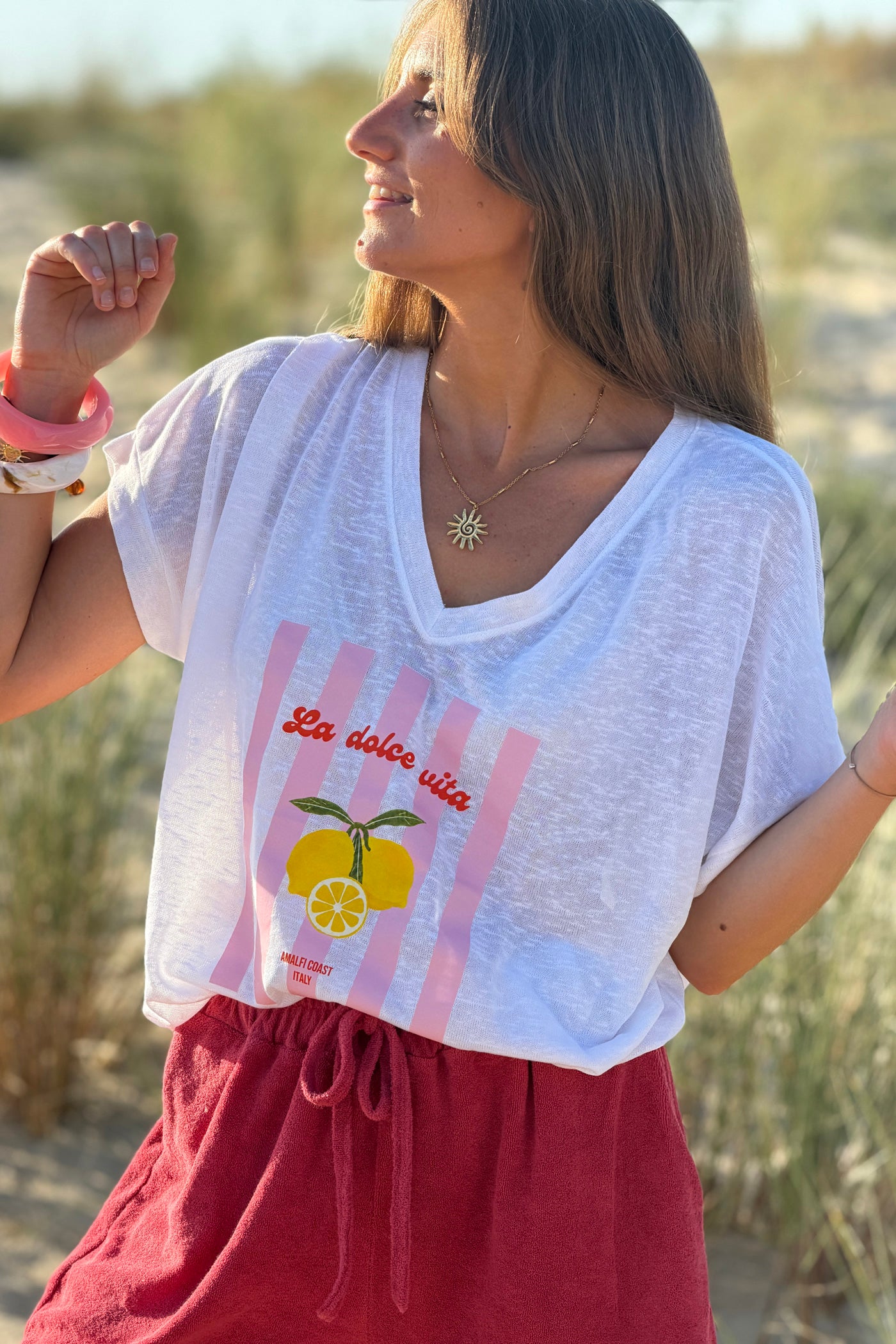 White “La Dolce Vita” Lovely Lemons V-Neck Tee