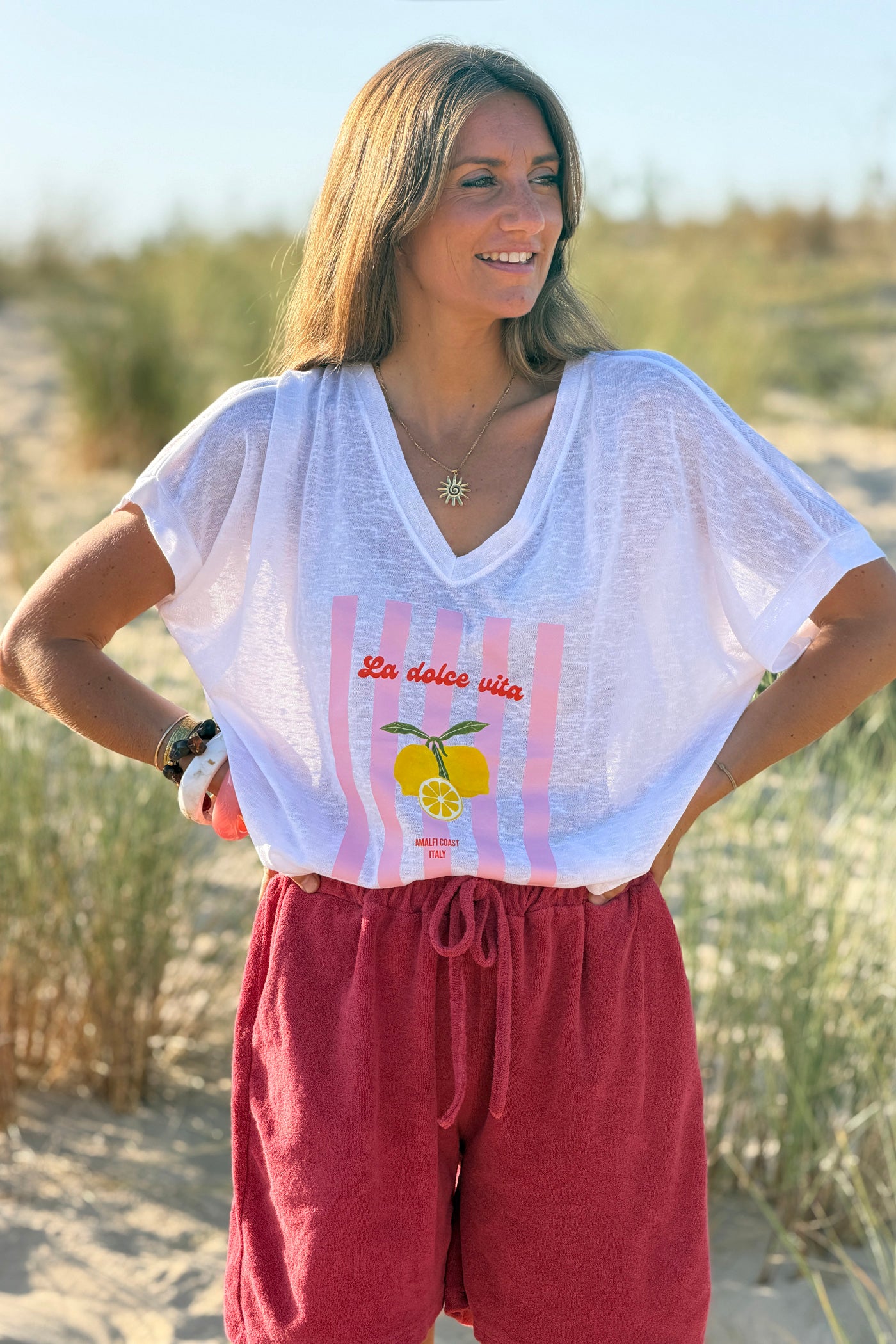White “La Dolce Vita” Lovely Lemons V-Neck Tee