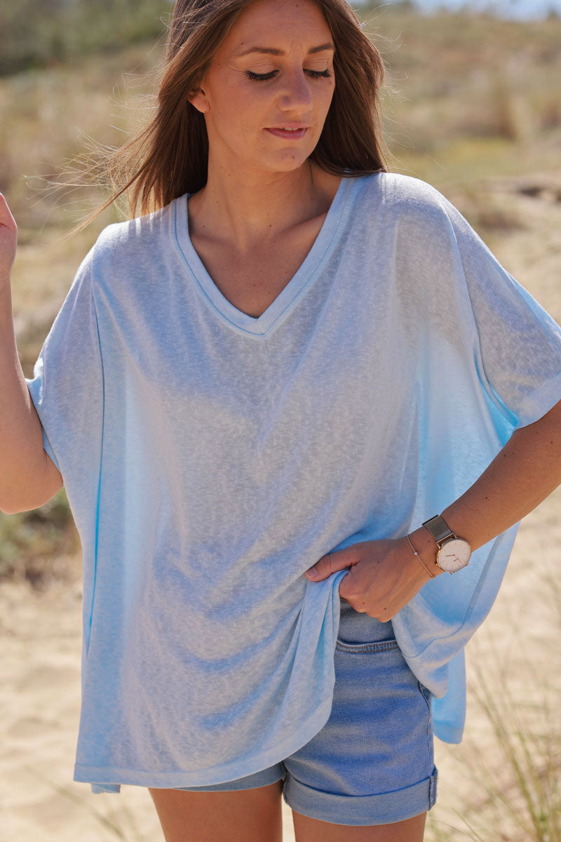 T-shirt bleu ciel délavé souple large et loose manches courtes chauve souris