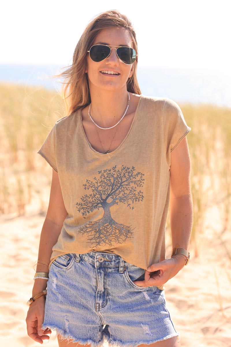 Tshirt camel coton col v arbre de vie brillant
