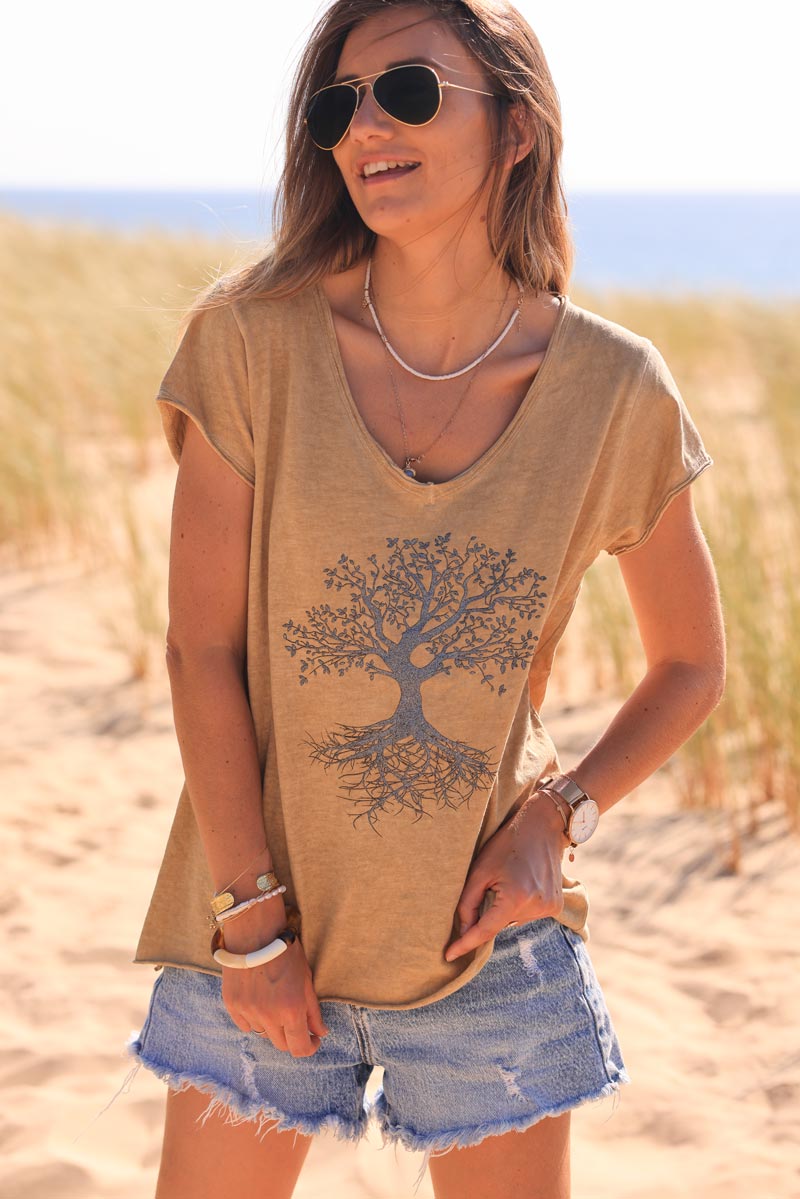 Tshirt camel coton col v arbre de vie brillant