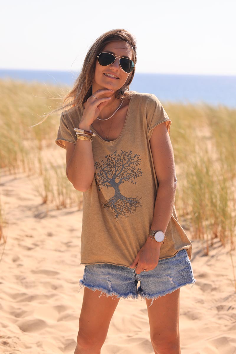 Tshirt camel coton col v arbre de vie brillant